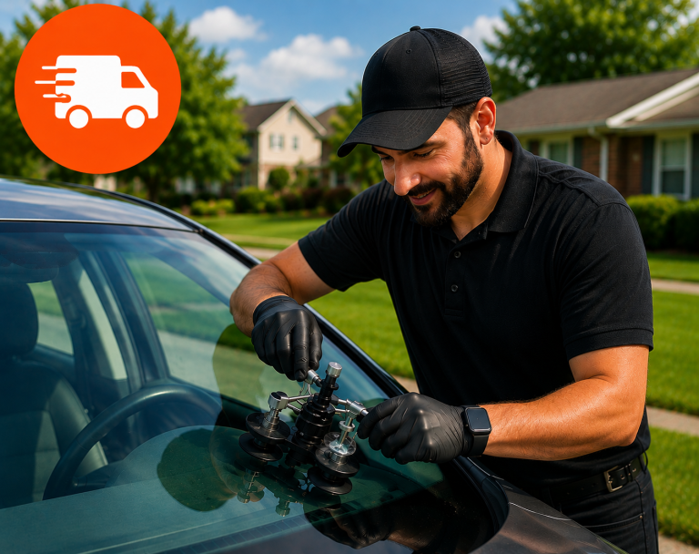 Mobile Windshield Chip Repair in Northeast Ohio Technician performing mobile windshield chip repair at a customer's locatio